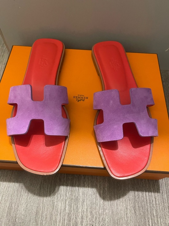 Hermes Shoes - Hermes Purple Suede H‑Cut Slides with Red Footbed - Women